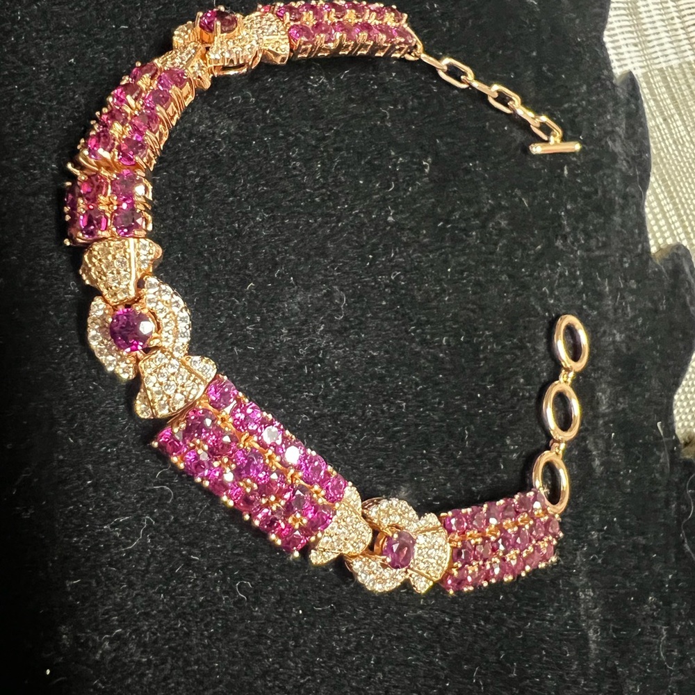 Natural gems purple garnet rose gold 925 Bracelet 1/2” wide thicker settings
